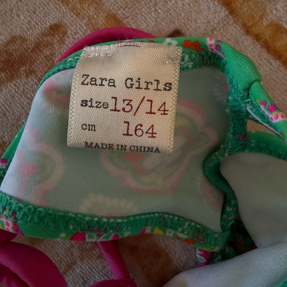 Swim Girls 13-14 Zara Green and Pink Floral Bralette Bikini Top